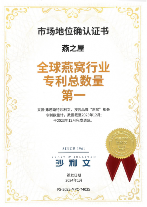 燕之屋获得全球燕窝行业专利总数量第一、自主发明专利数量第一两项地位认证