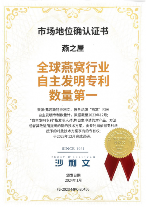 燕之屋获得全球燕窝行业专利总数量第一、自主发明专利数量第一两项地位认证(图2)