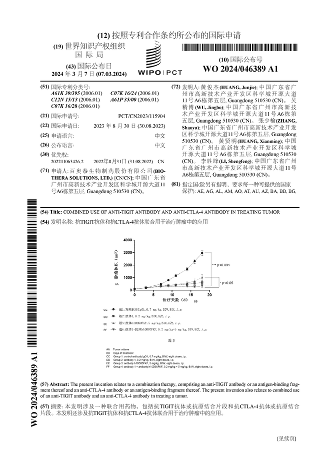 百奥泰公布国际专利申请：“抗TIGIT抗体和抗CTLA-4抗体联合用于治疗肿瘤中的应用”