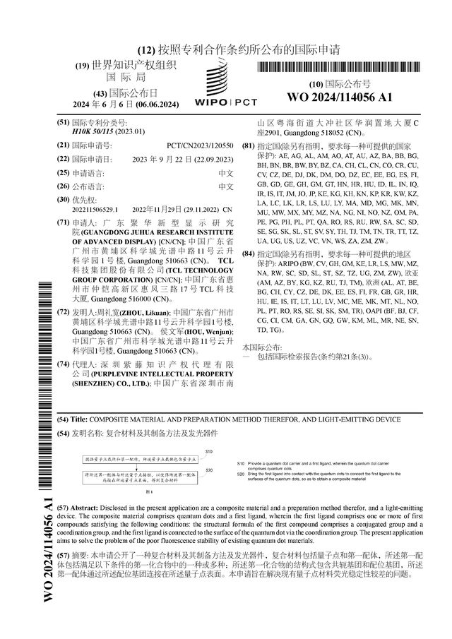 TCL科技公布国际专利申请：“复合材料及其制备方法及发光器件”(图1)