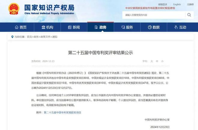 中国专利奖评审结果公示！