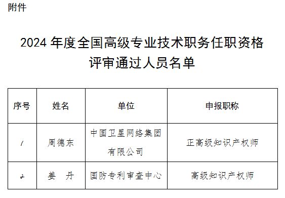 国家知识产权局2024全国高级专业技术职务任职资格评审结果公示