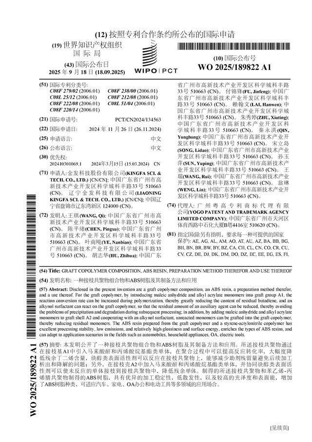 金发科技公布国际专利申请：“一种接枝共聚物组合物和ABS树脂及其制备方法和应用”